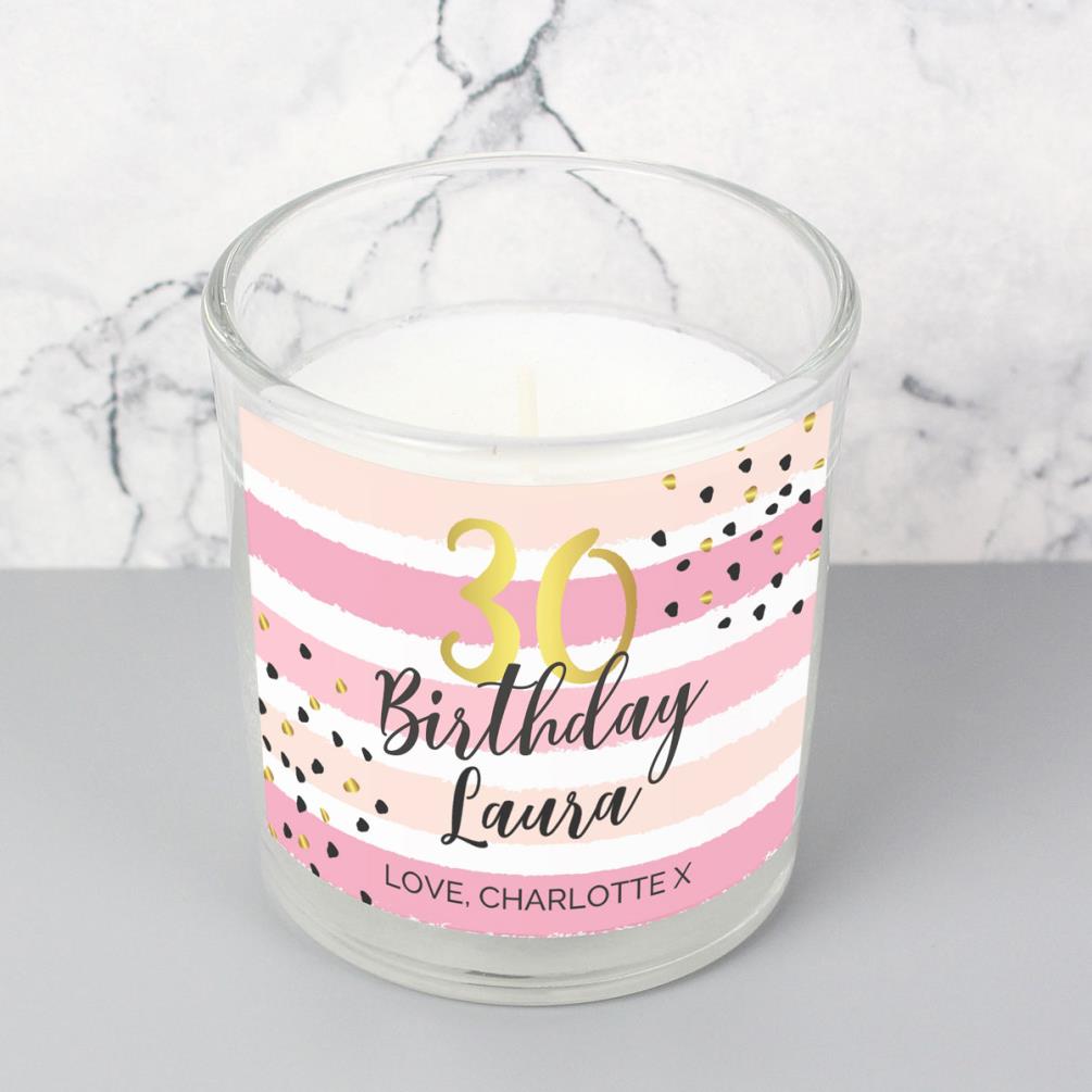 Personalised Birthday Gold and Pink Stripe Scented Jar Candle Extra Image 2